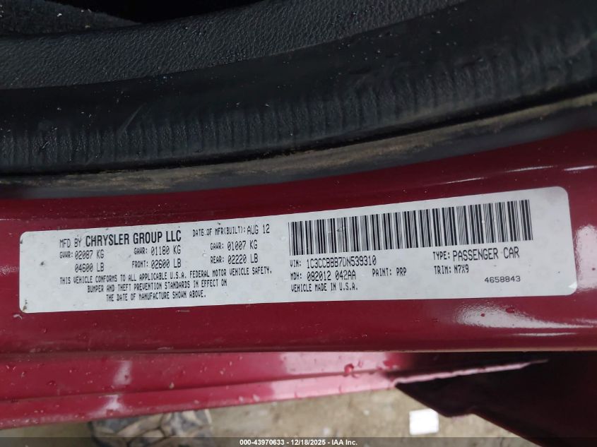 2013 Chrysler 200 Touring VIN: 1C3CCBBB7DN539310 Lot: 43970633