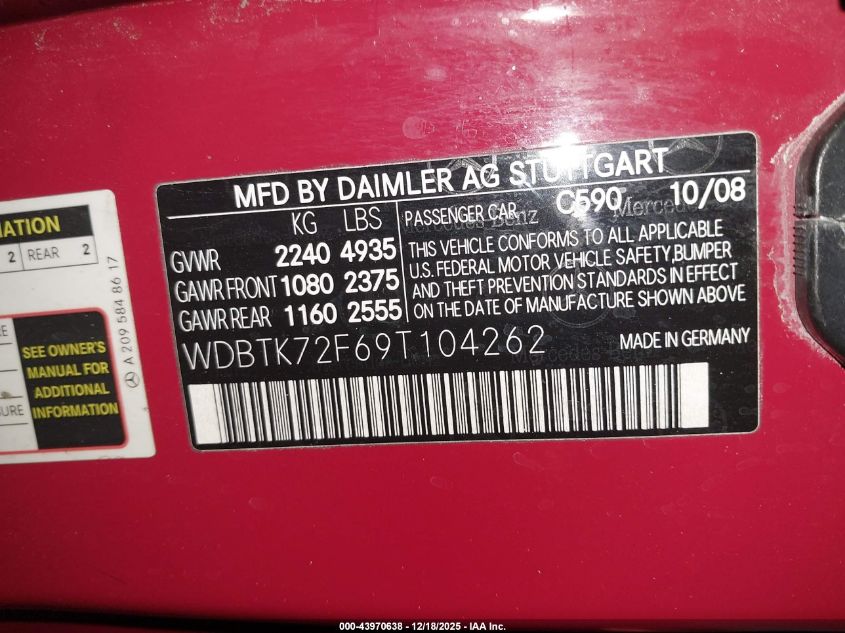 2009 Mercedes-Benz Clk 550 VIN: WDBTK72F69T104262 Lot: 43970638