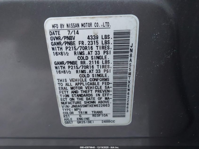 2014 Nissan Rogue Select S VIN: JN8AS5MTXEW622663 Lot: 43970648