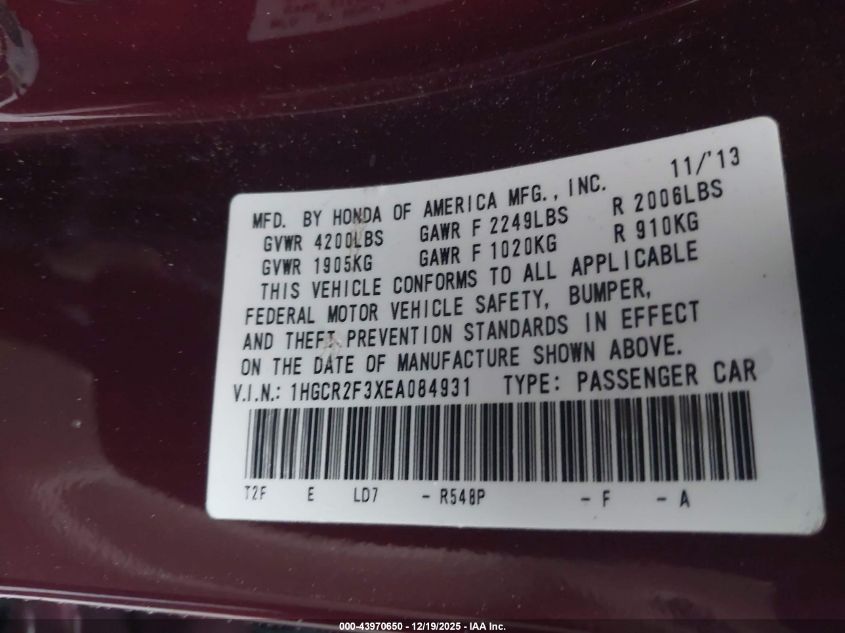 2014 Honda Accord Lx VIN: 1HGCR2F3XEA084931 Lot: 43970650