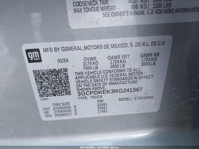 2024 Chevrolet Silverado 1500 4Wd Short Bed Lt With 2Fl VIN: 3GCPDKEK3RG241567 Lot: 43970652