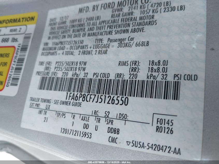 2018 Ford Mustang Gt VIN: 1FA6P8CF7J5126550 Lot: 43970656