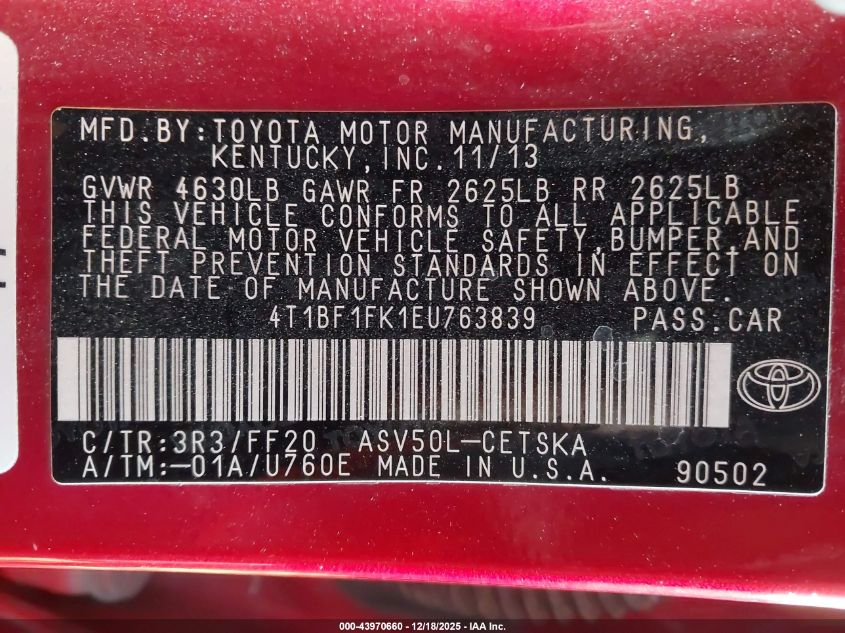 2014 Toyota Camry Se VIN: 4T1BF1FK1EU763839 Lot: 43970660