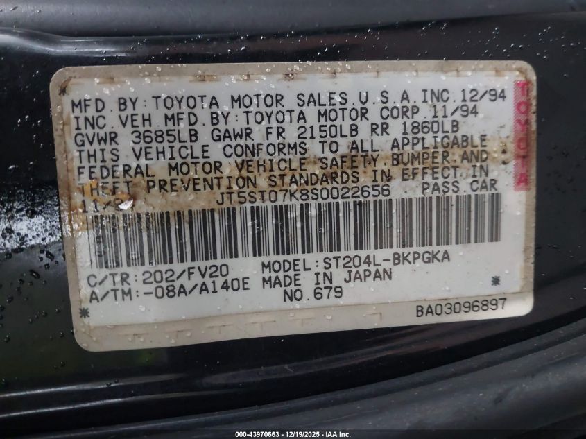 1995 Toyota Celica Gt VIN: JT5ST07K8S0022656 Lot: 43970663