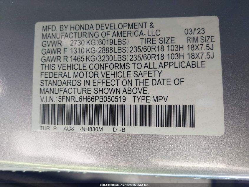 2023 Honda Odyssey Ex-L VIN: 5FNRL6H66PB050519 Lot: 43970668