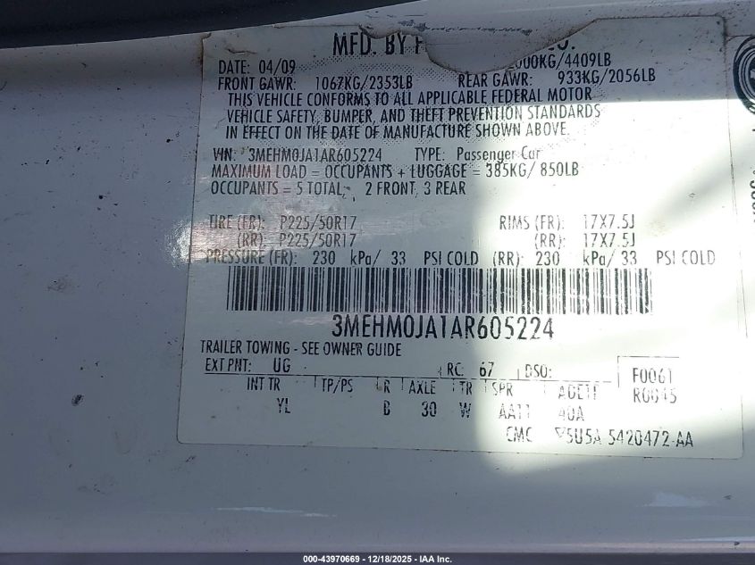 2010 Mercury Milan Premier VIN: 3MEHM0JA1AR605224 Lot: 43970669