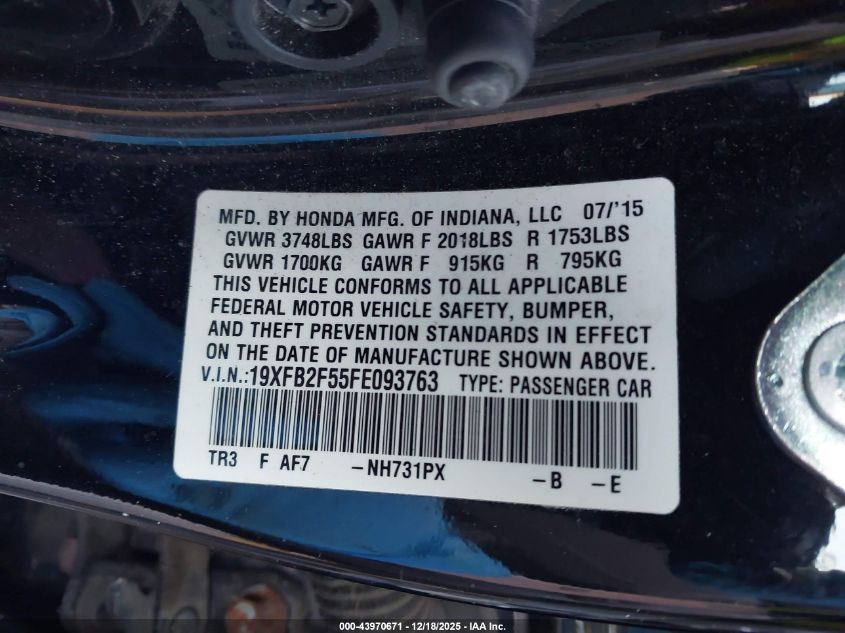 2015 Honda Civic Lx VIN: 19XFB2F55FE093763 Lot: 43970671