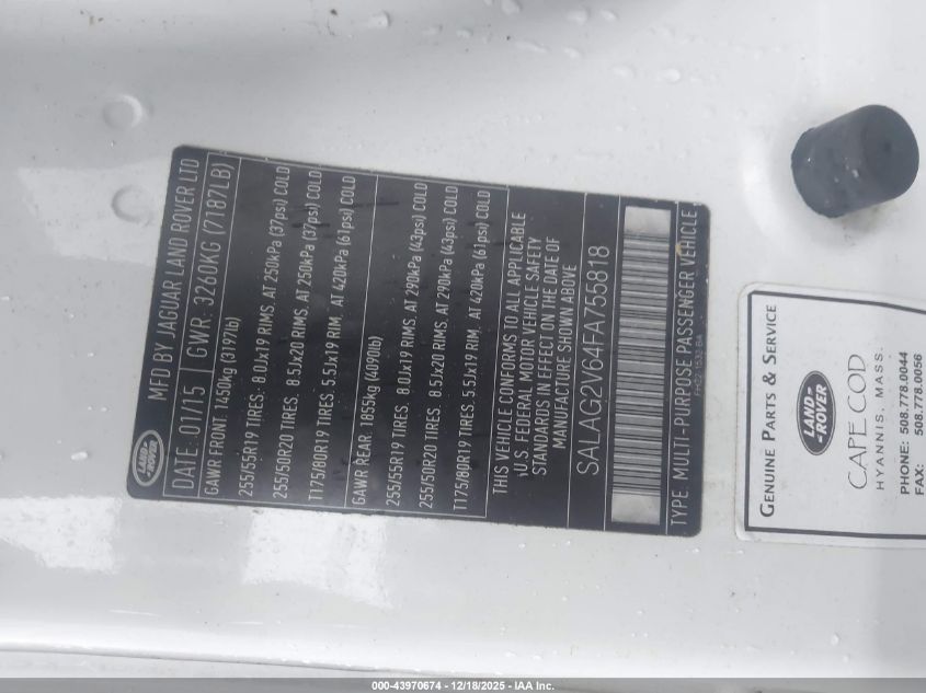 2015 Land Rover Lr4 VIN: SALAG2V64FA755818 Lot: 43970674