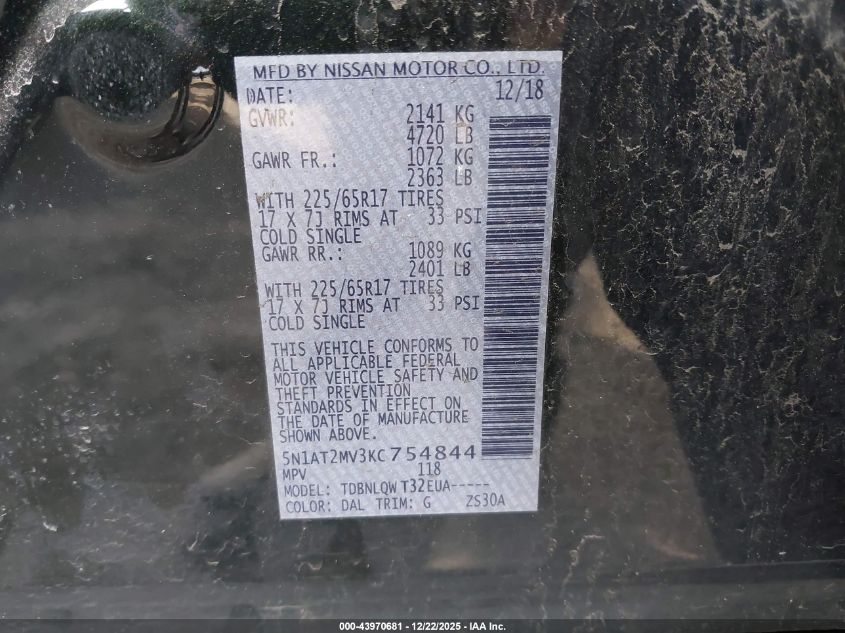 2019 Nissan Rogue Sv VIN: 5N1AT2MV3KC754844 Lot: 43970681