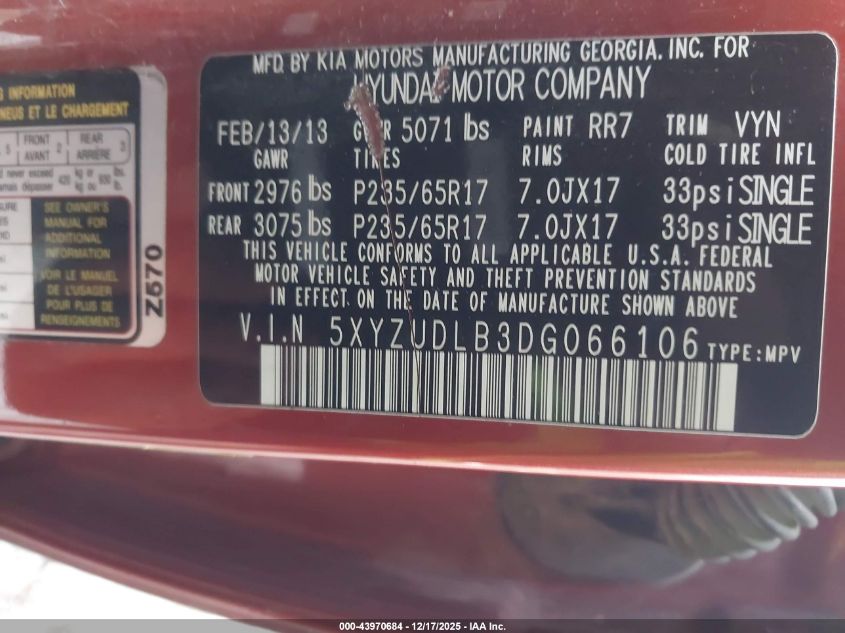 2013 Hyundai Santa Fe Sport VIN: 5XYZUDLB3DG066106 Lot: 43970684