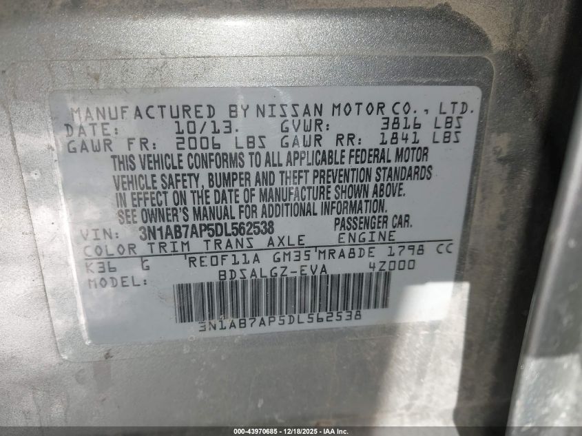 2013 Nissan Sentra Sl VIN: 3N1AB7AP5DL562538 Lot: 43970685