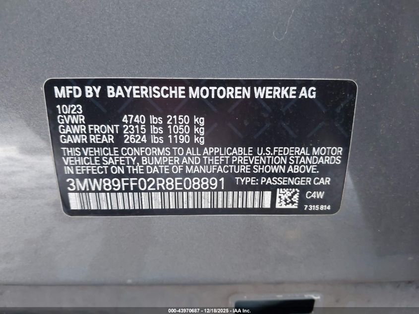 2024 BMW 330I xDrive VIN: 3MW89FF02R8E08891 Lot: 43970687