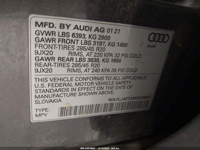 2021 Audi Q7 Premium Plus 45 Tfsi Quattro Tiptronic VIN: WA1LJAF72MD029691 Lot: 43970692