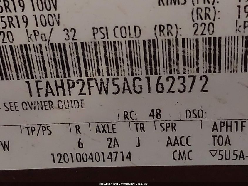 2010 Ford Taurus Limited VIN: 1FAHP2FW5AG162372 Lot: 43970694