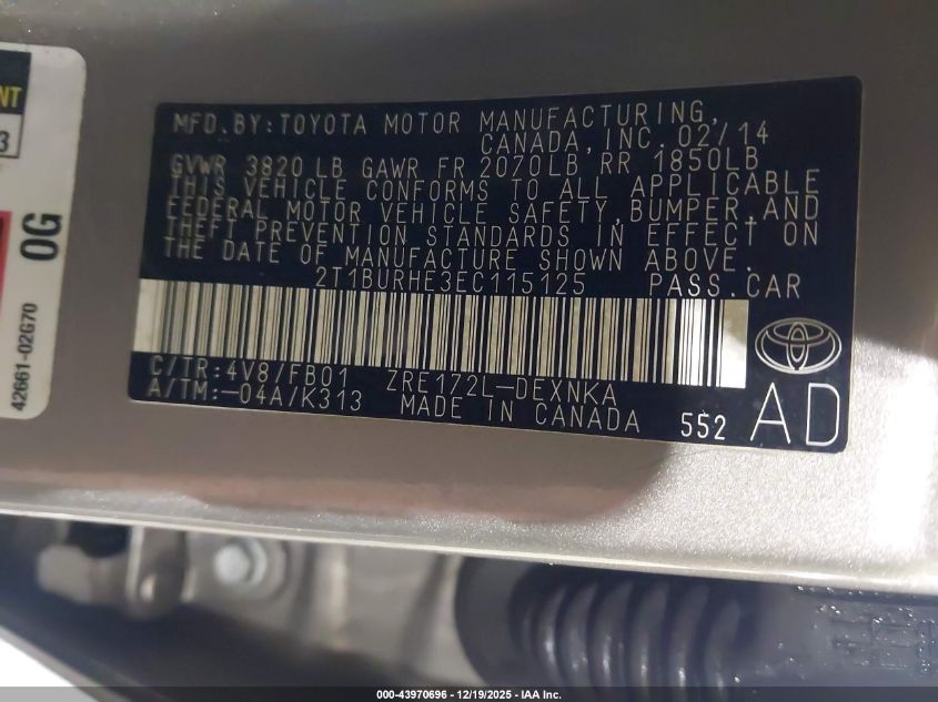 2014 Toyota Corolla Le VIN: 2T1BURHE3EC115125 Lot: 43970696