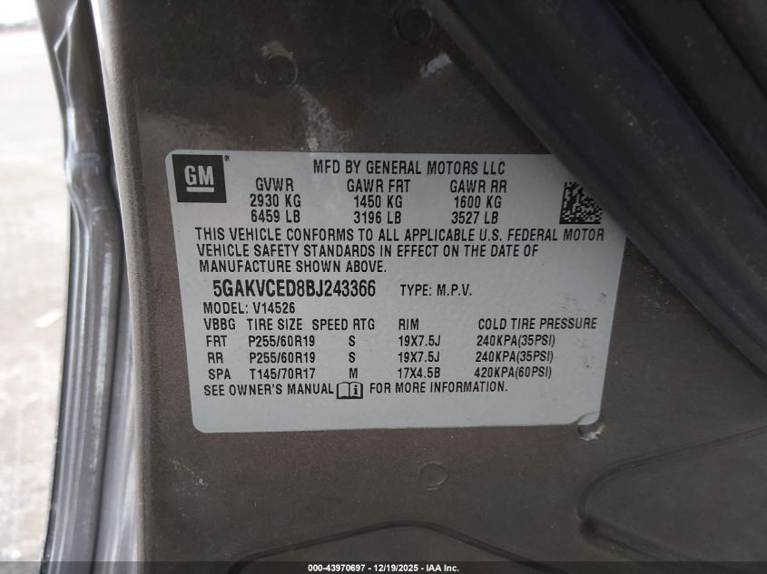 2011 Buick Enclave 2Xl VIN: 5GAKVCED8BJ243366 Lot: 43970697