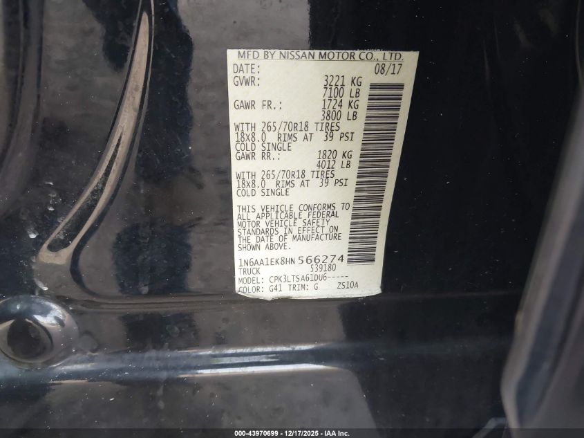 2017 Nissan Titan Sv VIN: 1N6AA1EK8HN566274 Lot: 43970699