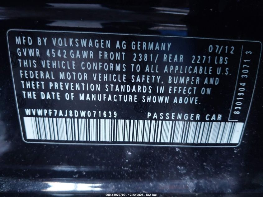 2013 Volkswagen Golf R 4-Door VIN: WVWPF7AJ8DW071639 Lot: 43970700