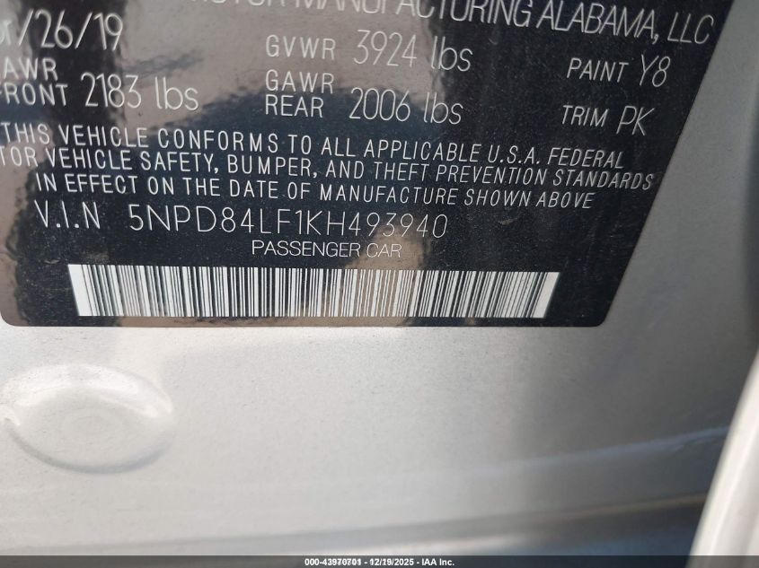 2019 Hyundai Elantra Sel VIN: 5NPD84LF1KH493940 Lot: 43970701