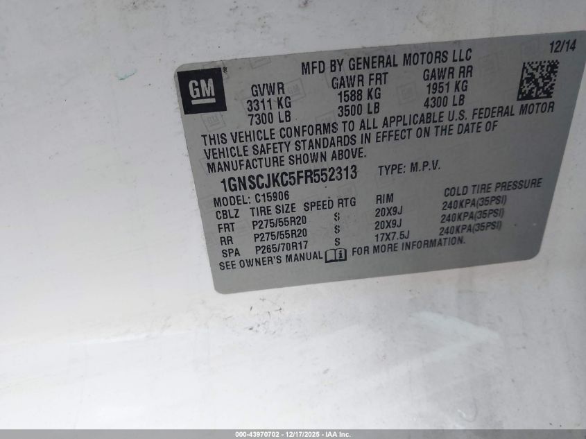 2015 Chevrolet Suburban 1500 Lt VIN: 1GNSCJKC5FR552313 Lot: 43970702