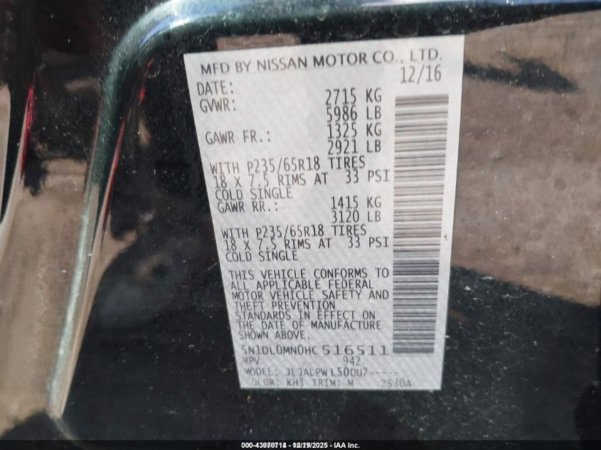 2017 Infiniti Qx60 VIN: 5N1DL0MN0HC516511 Lot: 43970714