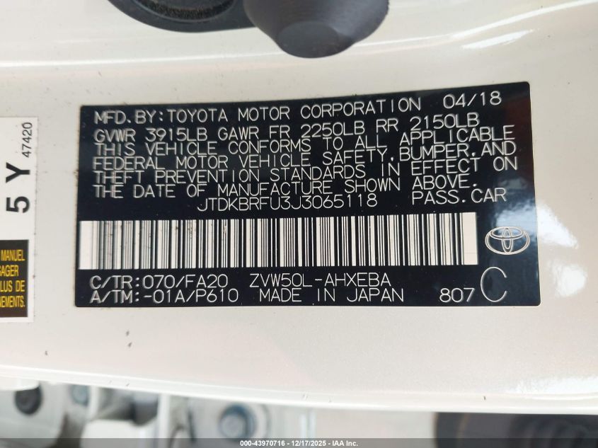 2018 Toyota Prius Two VIN: JTDKBRFU3J3065118 Lot: 43970716