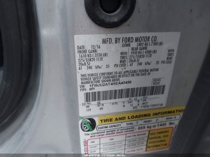 2017 Ford Expedition Limited VIN: 1FMJU2AT4HEA43456 Lot: 43970720