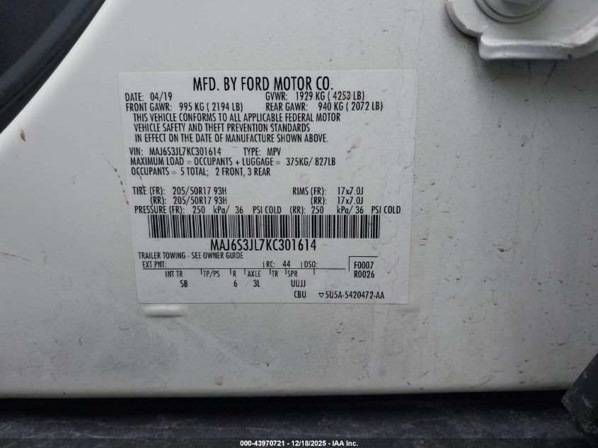 2019 Ford Ecosport Ses VIN: MAJ6S3JL7KC301614 Lot: 43970721