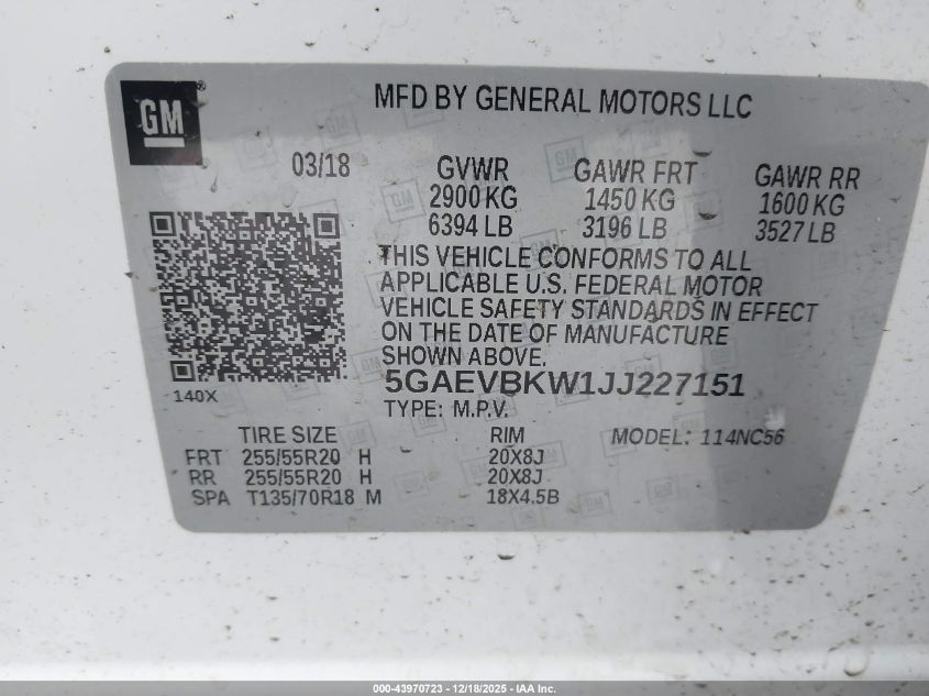 2018 Buick Enclave Premium VIN: 5GAEVBKW1JJ227151 Lot: 43970723