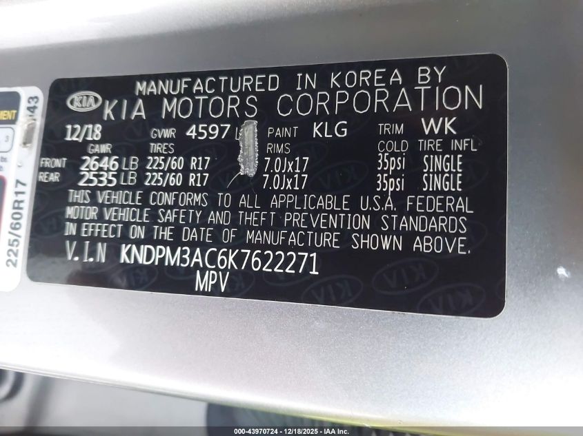2019 Kia Sportage Lx VIN: KNDPM3AC6K7622271 Lot: 43970724