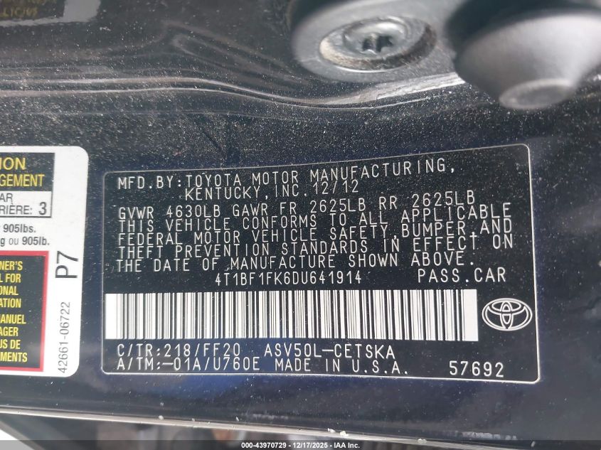 2013 Toyota Camry Se VIN: 4T1BF1FK6DU641914 Lot: 43970729