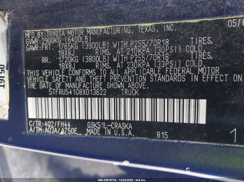 2008 Toyota Tundra Base V6 VIN: 5TFRU54108X013622 Lot: 43970734