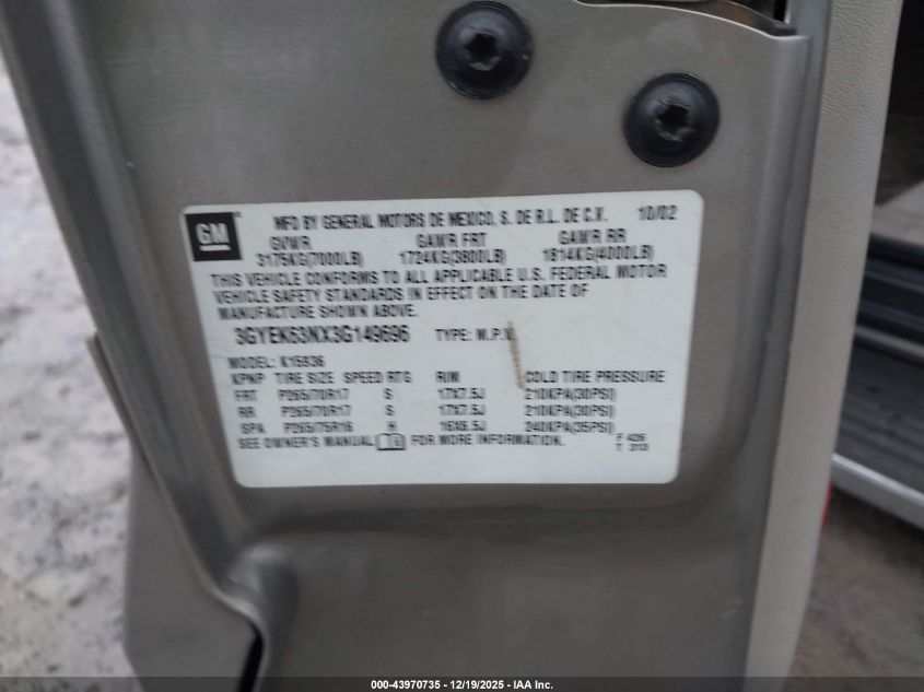 2003 Cadillac Escalade Ext Standard VIN: 3GYEK63NX3G149696 Lot: 43970735