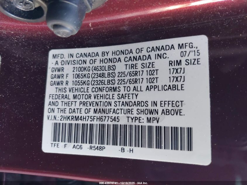 2015 Honda Cr-V Ex-L VIN: 2HKRM4H75FH677545 Lot: 43970741