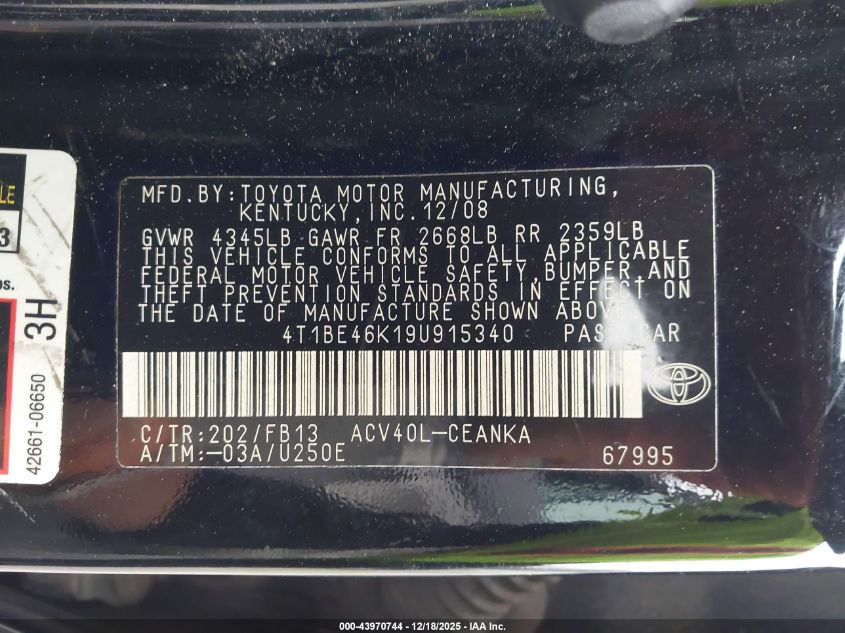 2009 Toyota Camry Le VIN: 4T1BE46K19U915340 Lot: 43970744