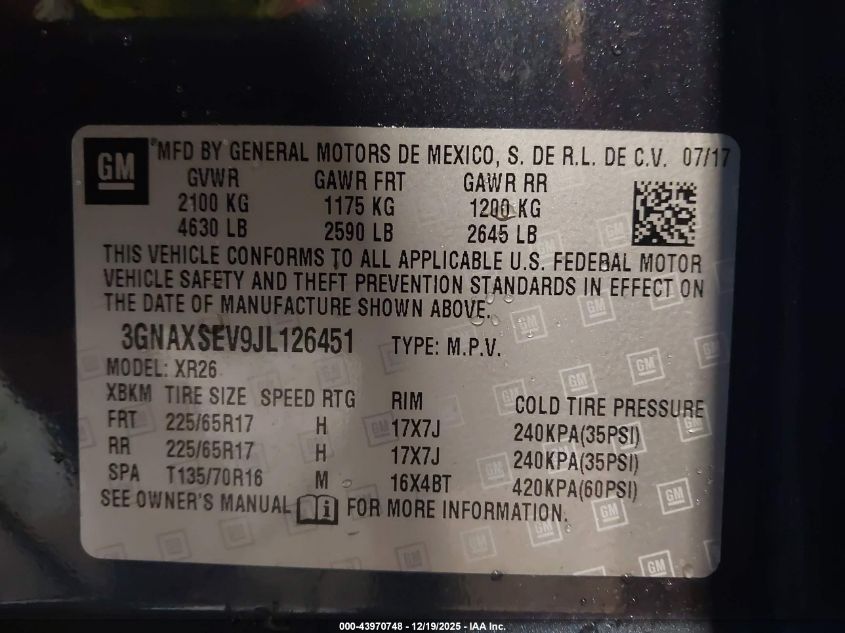 2018 Chevrolet Equinox Lt VIN: 3GNAXSEV9JL126451 Lot: 43970748