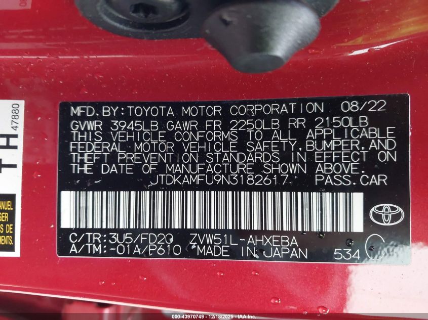 2022 Toyota Prius Le VIN: JTDKAMFU9N3182617 Lot: 43970749