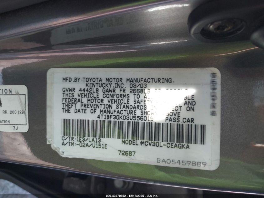 2003 Toyota Camry Xle V6 VIN: 4T1BF30K03U556019 Lot: 43970752