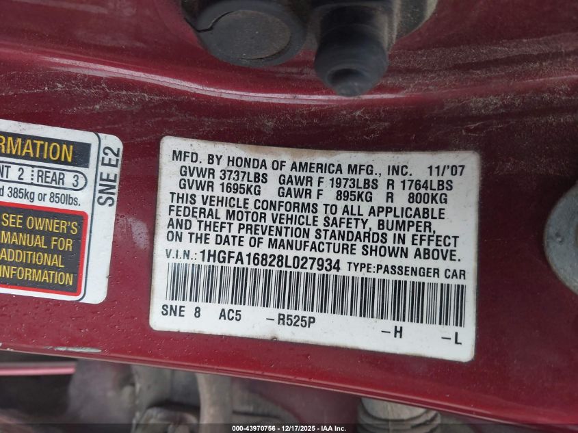 2008 Honda Civic Ex VIN: 1HGFA16828L027934 Lot: 43970756