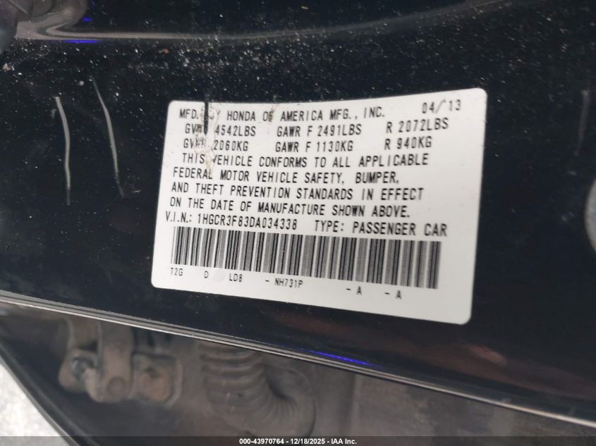 2013 Honda Accord Ex-L V-6 VIN: 1HGCR3F83DA034338 Lot: 43970764