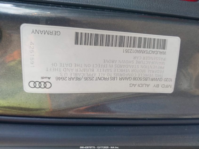 2021 Audi A5 Sportback Premium 45 Tfsi Quattro S Tronic VIN: WAUDACF5XMA012351 Lot: 43970770