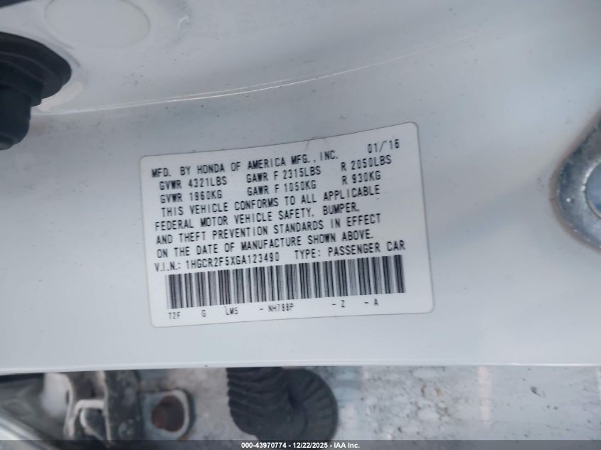 2016 Honda Accord Sport VIN: 1HGCR2F5XGA123490 Lot: 43970774