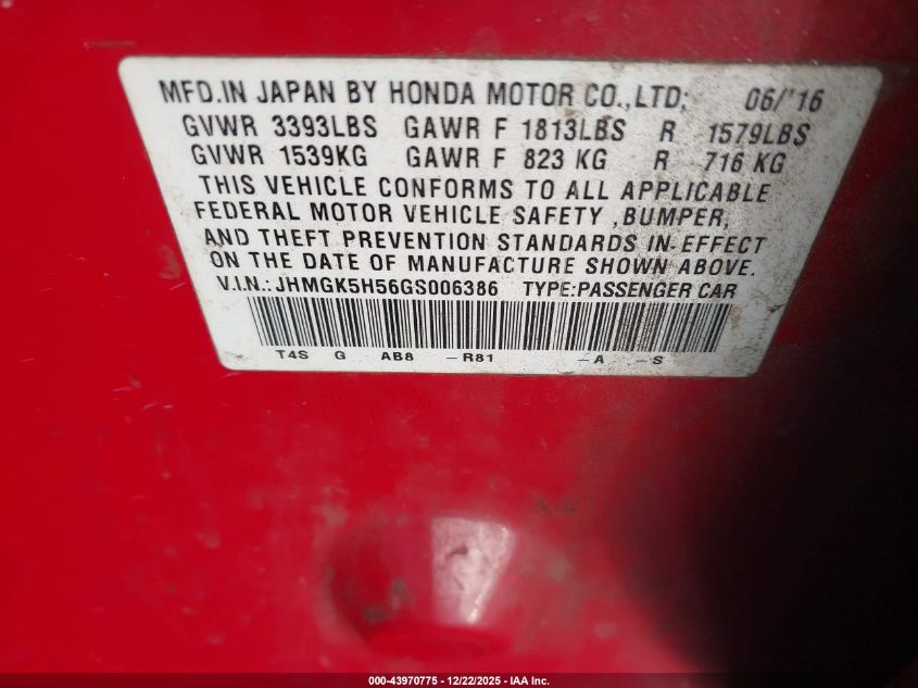 2016 Honda Fit Lx VIN: JHMGK5H56GS006386 Lot: 43970775