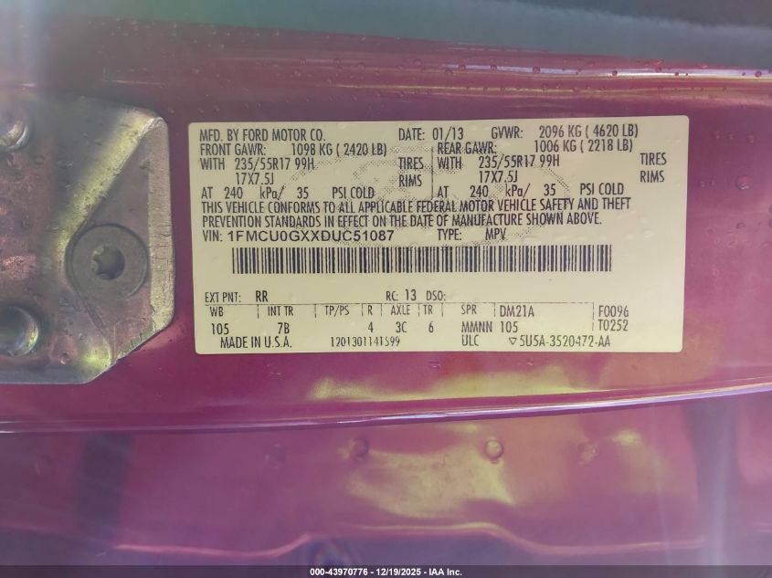 2013 Ford Escape Se VIN: 1FMCU0GXXDUC51087 Lot: 43970776