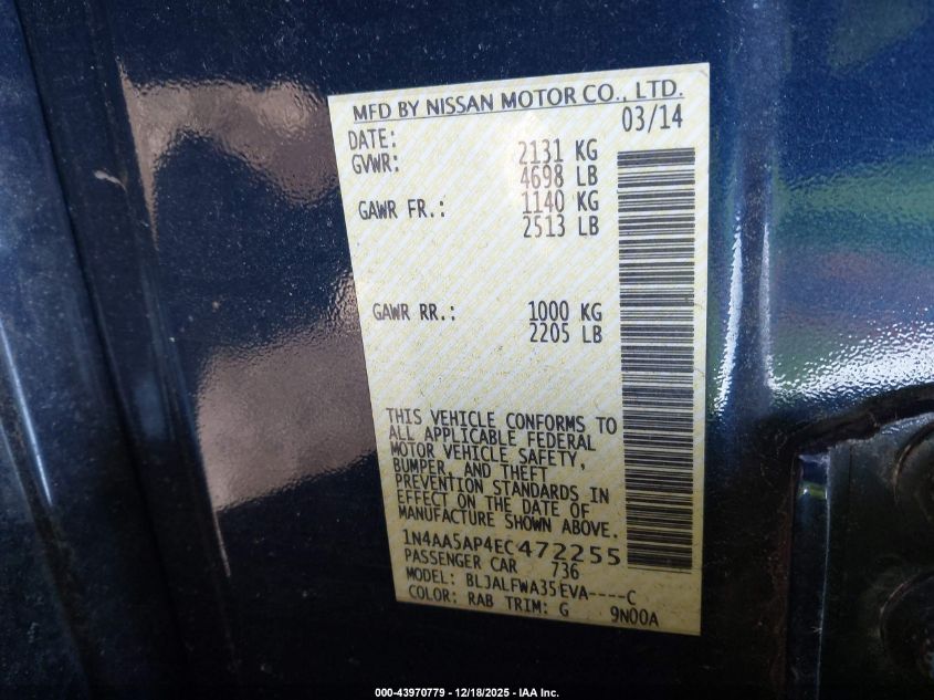 2014 Nissan Maxima 3.5 Sv VIN: 1N4AA5AP4EC472255 Lot: 43970779