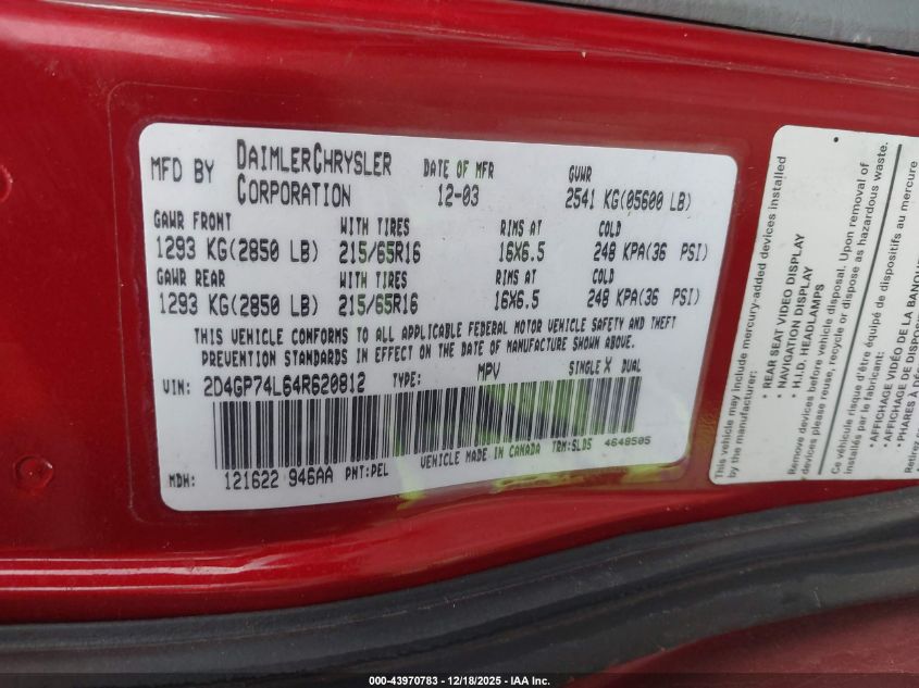 2004 Dodge Grand Caravan Ex VIN: 2D4GP74L64R620812 Lot: 43970783