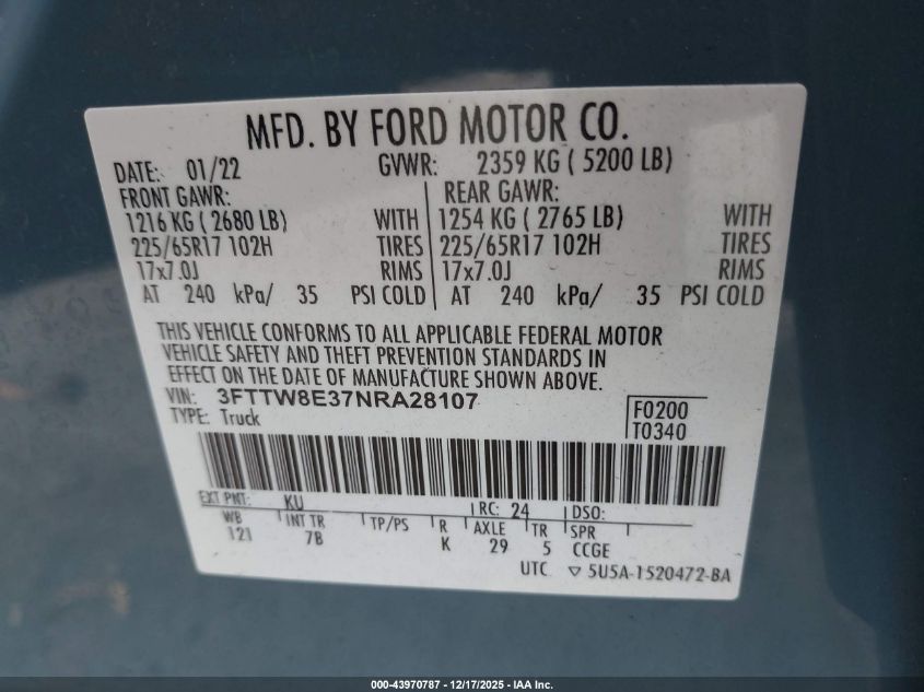 2022 Ford Maverick Xlt VIN: 3FTTW8E37NRA28107 Lot: 43970787