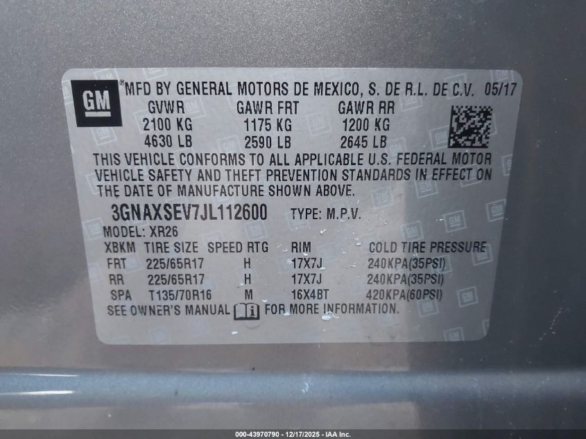 2018 Chevrolet Equinox Lt VIN: 3GNAXSEV7JL112600 Lot: 43970790