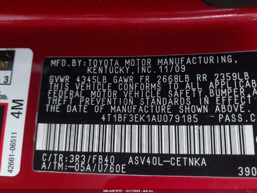 2010 Toyota Camry Le VIN: 4T1BF3EK1AU079185 Lot: 43970797