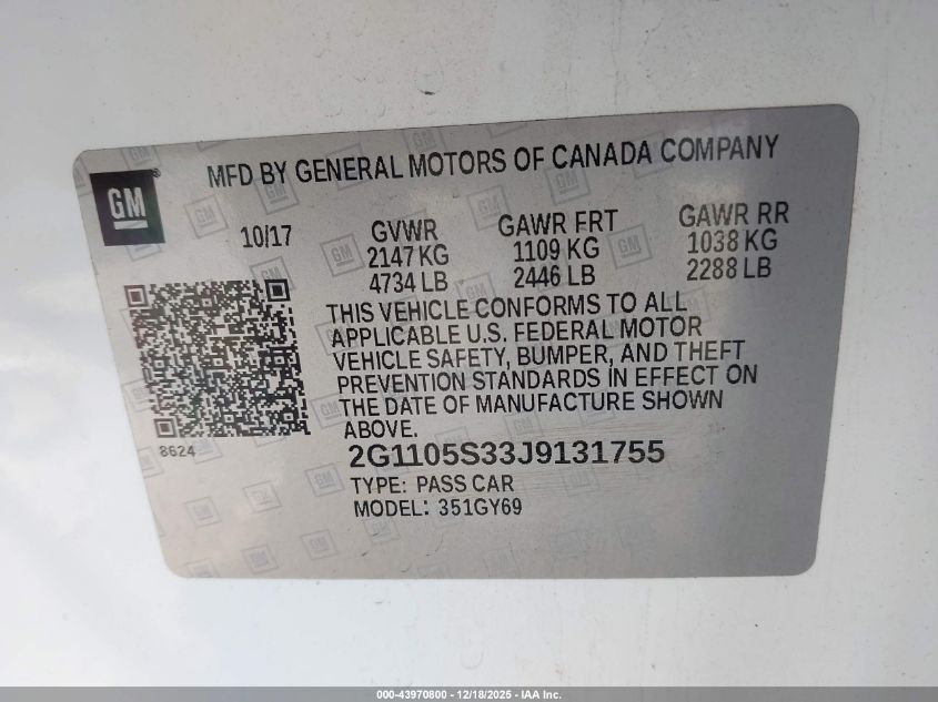 2018 Chevrolet Impala 1Lt VIN: 2G1105S33J9131755 Lot: 43970800